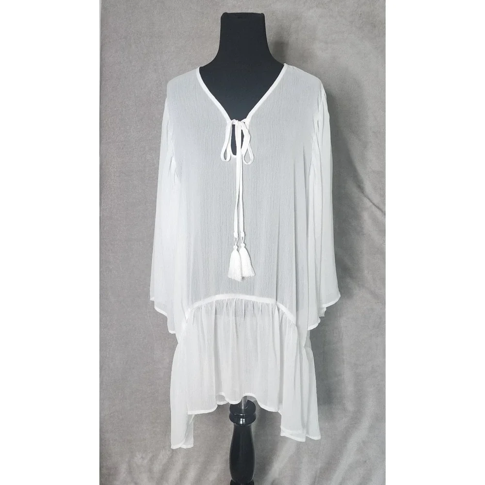 White‎ Sheer Beautiful Coquette Swim Cover Up Size XL Tie Front Western Boho